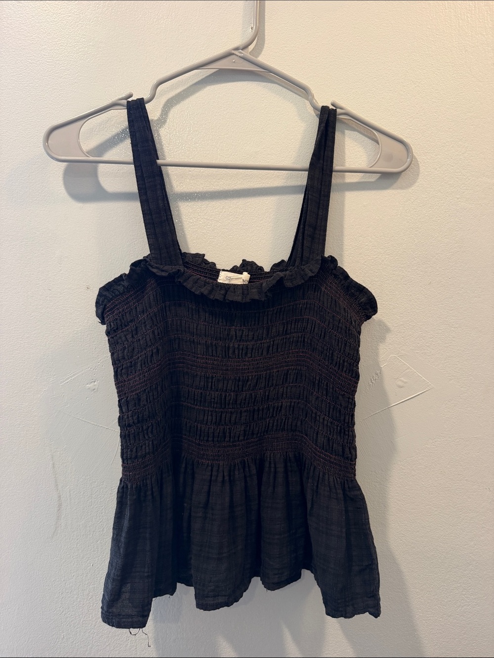 Smocked Black (red stitching) Women’s Tank Top with Ruffle Neckline